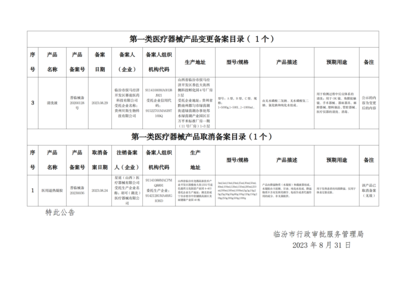 临汾市行政审批服务管理局关于核发《第一类医疗器械备案编号告知书》和《第一类医疗器械备案信息表》的公示